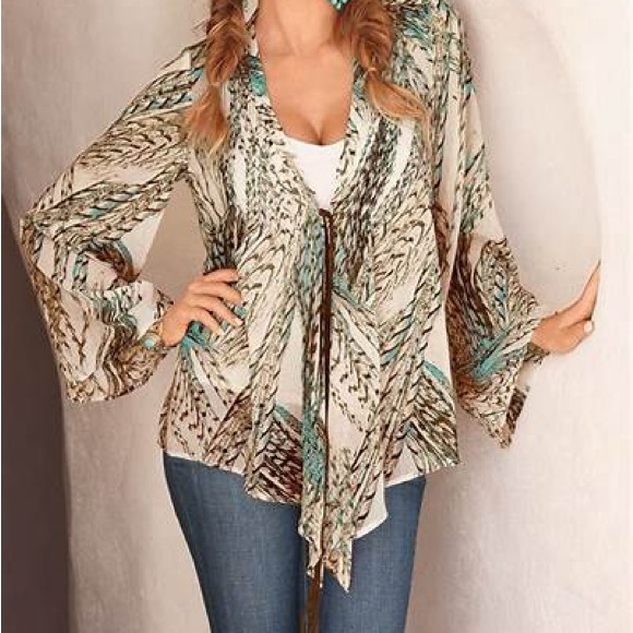 🎉2X HOST PICK🎉 Boston Proper Boho Feather Print Blouse - Picture 1 of 7